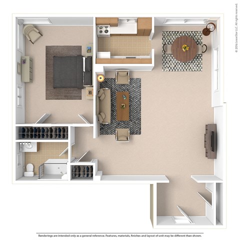 A 3D rendered image of a small apartment layout.